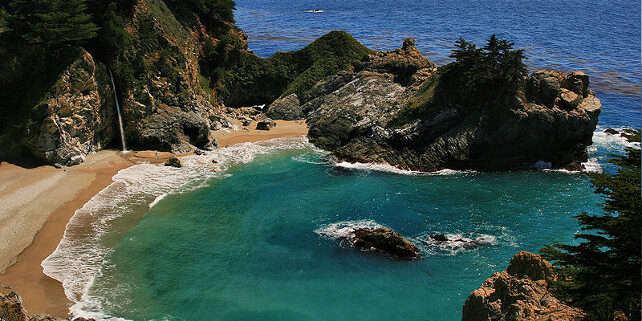 McWay Falls is an 80 foot waterfall located in Julia Pfeiffer Burns State Park that flows year-round