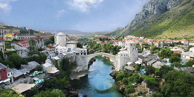  Mostar - Old Town panorama. The picture was taken from the minaret of Koski Mehmed Pasha Mosque , which is just opposite Stari Most ("The Old Bridge") looking on the same part of the Neretva river.