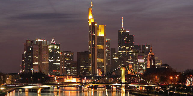 Downtown Frankfurt am Main, Germany; seen from Deutschherrn Bridge